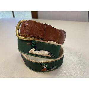 Leather Man Ltd Belt Mens 38 Green Ducks Embroidered Ribbon Canvas Brass Essex